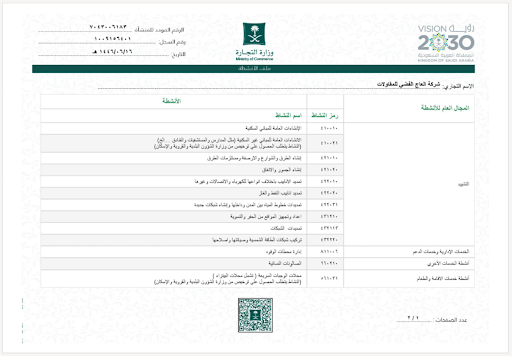 عقد التأسيس - الأنشطة التجارية المسجلة